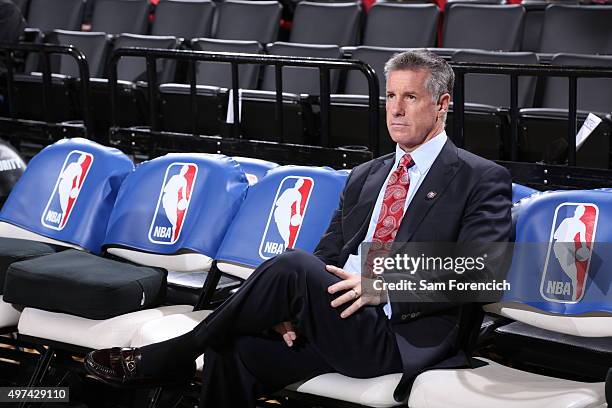 General Manager for the Portland Trail Blazers Neil Olshey looks on before the game against the San Antonio Spurs on November 11, 2015 at the Moda...