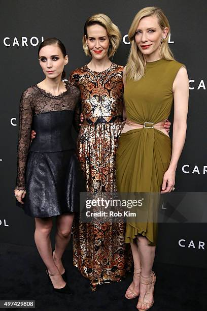 Actors Rooney Mara, Sarah Paulson, and Cate Blanchett attend the New York premiere of "Carol" at the Museum of Modern Art on November 16, 2015 in New...