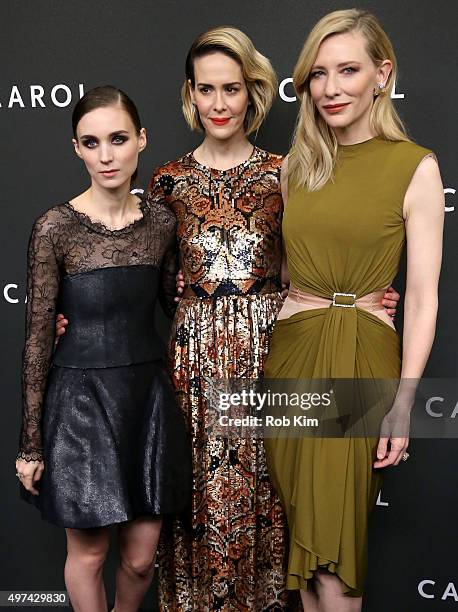 Actors Rooney Mara, Sarah Paulson, and Cate Blanchett attend the New York premiere of "Carol" at the Museum of Modern Art on November 16, 2015 in New...