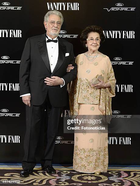 Placido Domingo and Marta Ornelas attend the 'Vanity Fair Personality Of The Year' Gala at The Ritz Hotel on November 16, 2015 in Madrid, Spain.