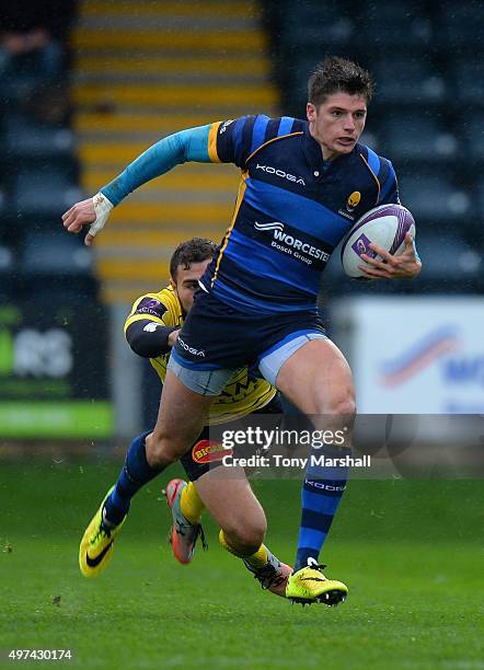 Ben Howard of Worcester Warriors is tackled by Elliot Roudil of La Rochelle during the European Rugby Challenge Cup match between Worcester Warriors...