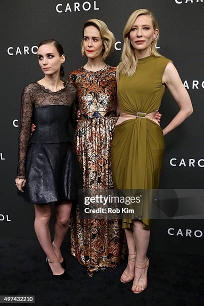 Actors Rooney Mara, Sarah Paulson, and Cate Blanchett attend the New York premiere of "Carol" at the Museum of Modern Art on November 16, 2015 in New...