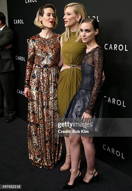 Actors Sarah Paulson, Cate Blanchett, and Rooney Mara attend the New York premiere of "Carol" at the Museum of Modern Art on November 16, 2015 in New...