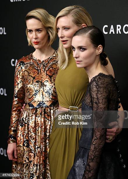 Actors Sarah Paulson, Cate Blanchett, and Rooney Mara attend the New York premiere of "Carol" at the Museum of Modern Art on November 16, 2015 in New...
