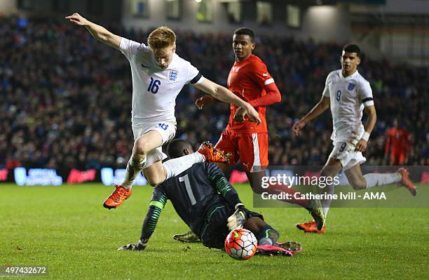 Duncan Watmore of England U21 is brought down by goalkeeper Yvon Mvogo of Switzerland U21 for a penalty which James Ward-Prowse of England U21 scores...