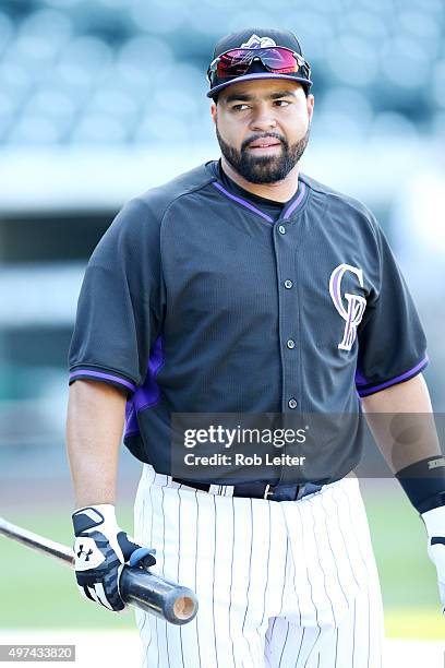 Wilin Rosario of the Colorado Rockies looks on before the game against the Pittsburgh Pirates at Coors Field on September 23, 2015 in Denver,...