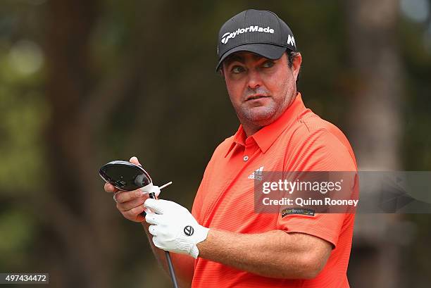 Steven Bowditch of Australia adjusts his clriver during a practice round ahead of the 2015 Australian Masters at Huntingdale Golf Course on November...