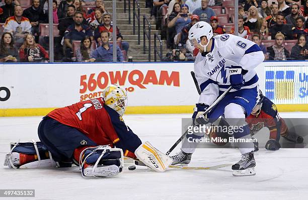 Roberto Luongo of the Florida Panthers stops a shot from Anton Stralman of the Tampa Bay Lightning during a game at BB&T Center on November 16, 2015...