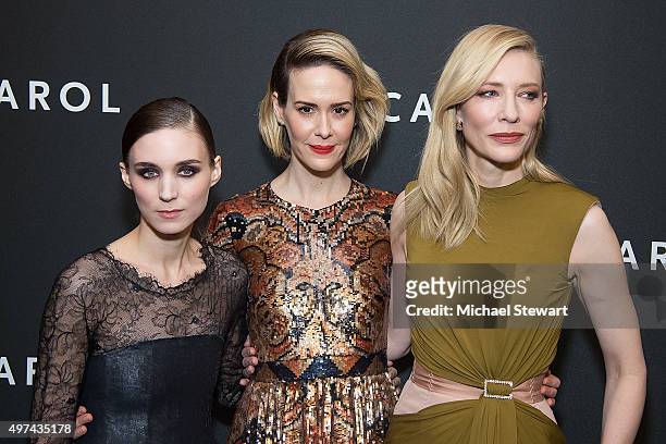 Actresses Rooney Mara, Sarah Paulson and Cate Blanchett attend the "Carol" New York premiere at Museum of Modern Art on November 16, 2015 in New York...