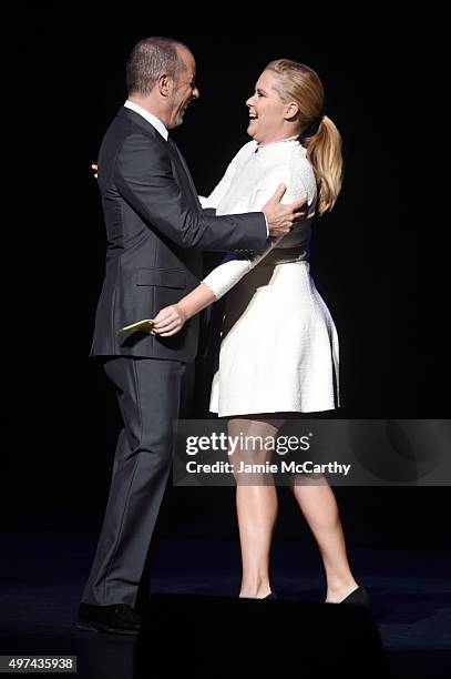 Comedian Jerry Seinfeld and actress Amy Schumer perform onstage as Baby Buggy celebrates 15 years with "An Evening with Jerry Seinfeld and Amy...