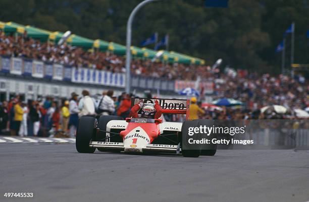 Alain Prost of France in the Marlboro McLaren International McLaren MP4/2C TAG V8 turbo during the Australian Grand Prix at the Adelaide Street...