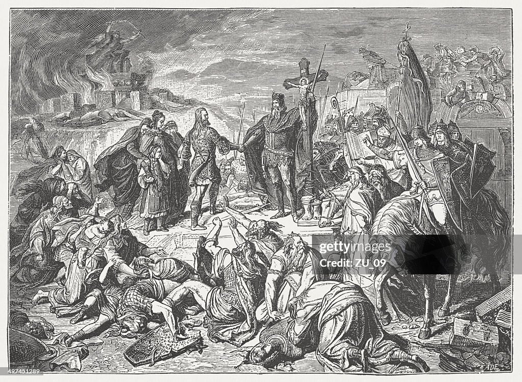 Widukind submits to Charlemagne in 785, wood engraving, published 1881