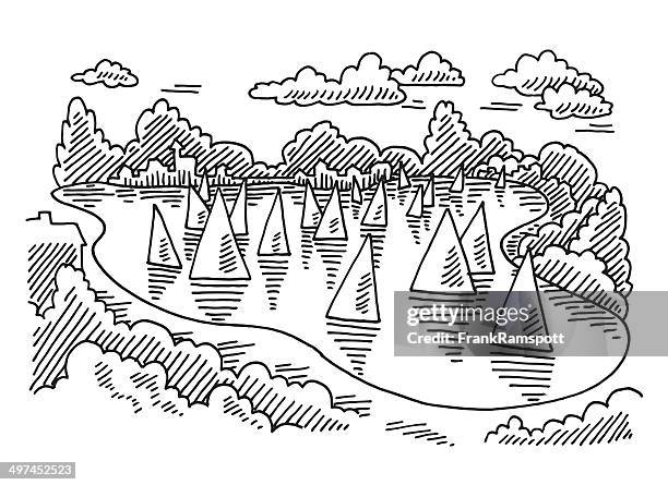 lake sailing regatta drawing - tree transparent background stock illustrations