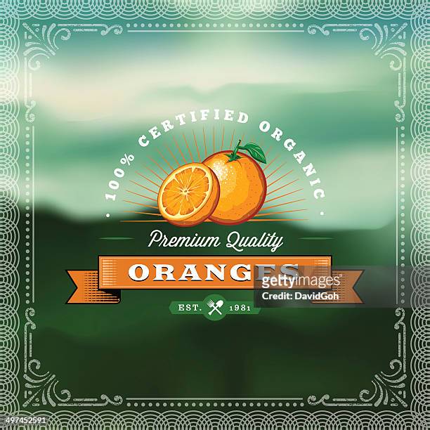 f & b label-orange - orange frucht stock-grafiken, -clipart, -cartoons und -symbole