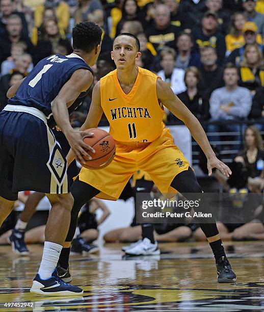 Guard Landry Shamet of the Wichita State Shockers gets set on defense against the Charleston Southern Buccaneers during the first half on November...