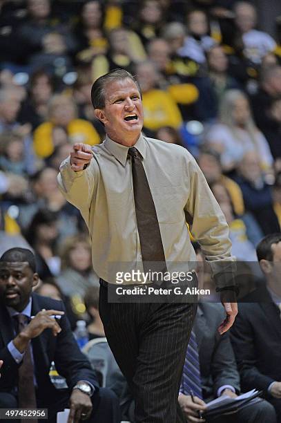 Head coach Barclay Radebaugh of the Charleston Southern Buccaneers calls out instructions against the Wichita State Shockers during the second half...
