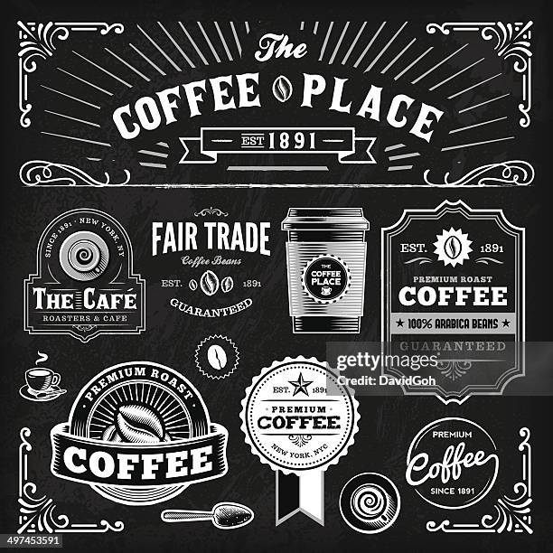 ilustraciones, imágenes clip art, dibujos animados e iconos de stock de chalkboard conjunto de etiquetas de café - decoración artículos domésticos