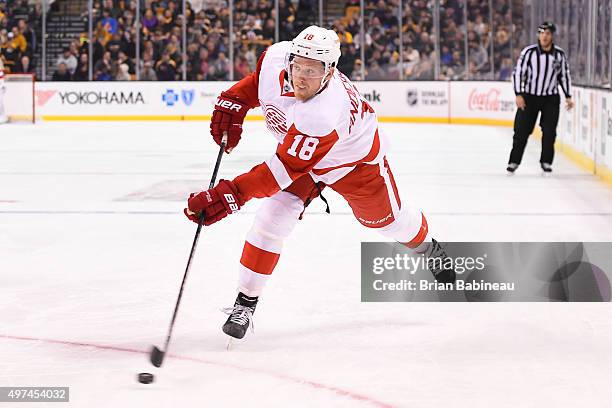 Joakim Andersson of the Detroit Red Wings shoots the puck against the Boston Bruins at the TD Garden on November 14, 2015 in Boston, Massachusetts.