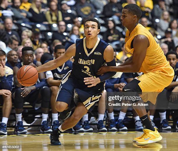 Guard Aaron Wheler of the Charleston Southern Buccaneers drives to the basket against the Wichita State Shockers during the second half on November...