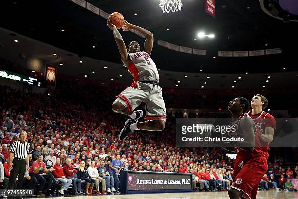 Kadeem Allen of the Arizona Wildcats looks to dunk the ball during the second half of the college basketball game against the Bradley Braves at...