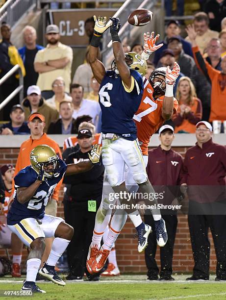 Defensive back Chris Milton of the Georgia Tech Yellow Jackets breaks up the pass intended for tight end Bucky Hodges of the Virginia Tech Hokies in...