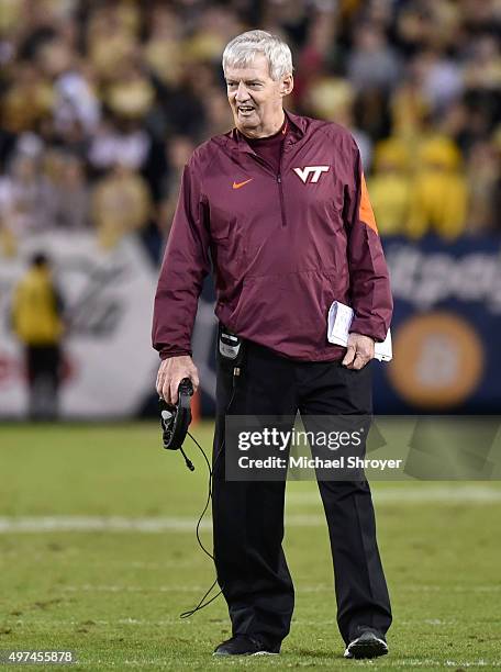 Head coach of the Virginia Tech Hokies Frank Beamer reacts during the game against the Georgia Tech Yellow Jackets at Bobby Dodd Stadium on November...