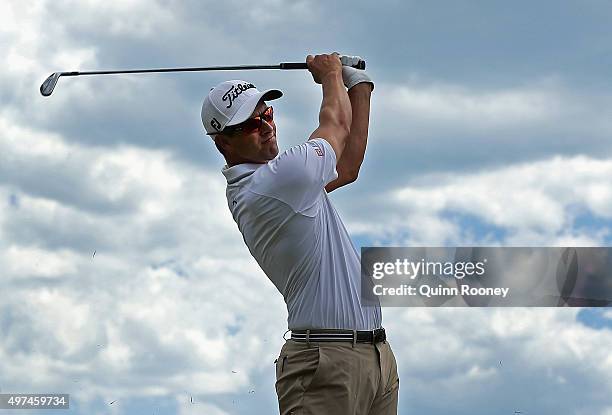 Adam Scott of Australia plays an approach shot during a practice round ahead of the 2015 Australian Masters at Huntingdale Golf Course on November...