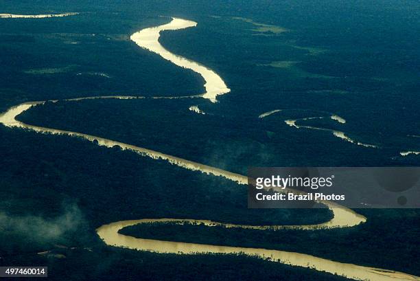 Aerial view of Amazon rain forest, river curves and dense forest with high biodiversity, Brazil.