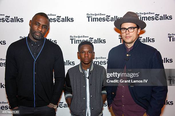 Idris Elba, Abraham Attah and Cary Fukunaga attend the TimesTalks: "Beast Of No Nation" at Times Center on November 16, 2015 in New York City.