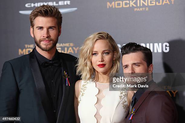 Actors Liam Hemsworth, Jennifer Lawrence and Josh Hutcherson attend premiere of Lionsgate's "The Hunger Games: Mockingjay - Part 2" at Microsoft...