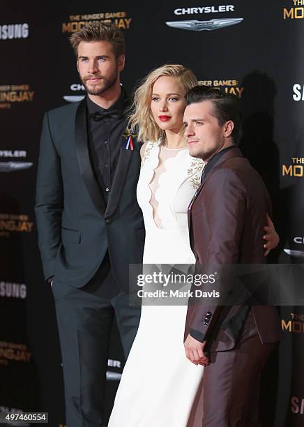 Actors Liam Hemsworth, Jennifer Lawrence and Josh Hutcherson attend premiere of Lionsgate's "The Hunger Games: Mockingjay - Part 2" at Microsoft...