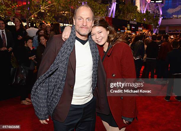 Actor Woody Harrelson and daughter Zoe Harrelson attend "Hunger Games: Mockingjay Part 2" Los Angeles Premiere Sponsored By Chrysler on November 16,...