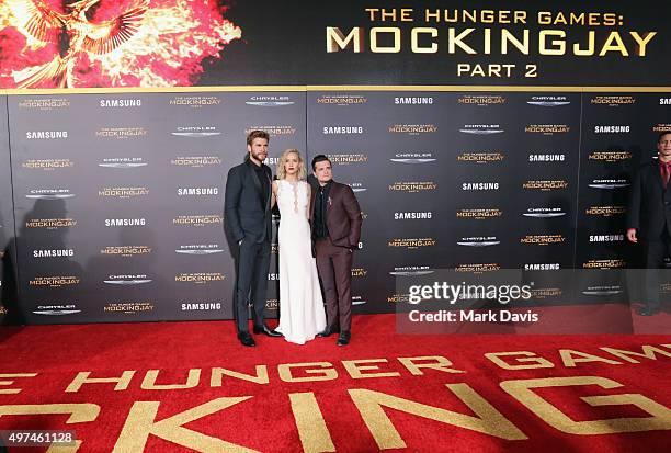 Actors Liam Hemsworth, Jennifer Lawrence and Josh Hutcherson attend premiere of Lionsgate's "The Hunger Games: Mockingjay - Part 2" at Microsoft...