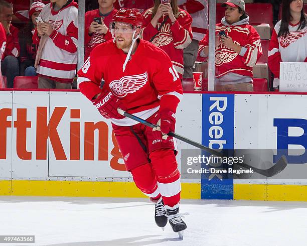 Joakim Andersson of the Detroit Red Wings skates in warm-ups prior to the NHL game against the Washington Capitals at Joe Louis Arena on November 10,...