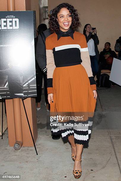 Actress Tessa Thompson arrives at the mural unveiling for her upcoming movie "Creed" at Leadership High School on November 16, 2015 in San Francisco,...