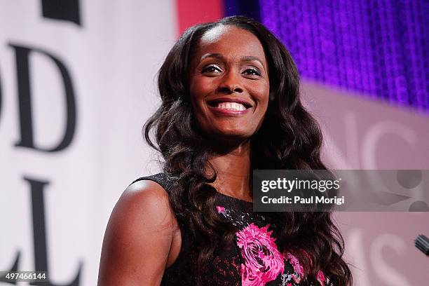 Player Swin Cash speaks on stage at the Thurgood Marshall College Fund 27th Annual Awards Gala at the Washington Hilton on November 16, 2015 in...