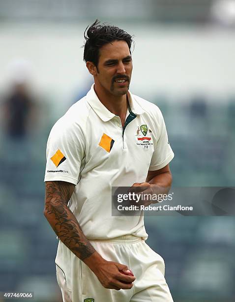 Mitchell Johnson of Australia prepares to bowl during day five of the second Test match between Australia and New Zealand at the WACA on November 17,...