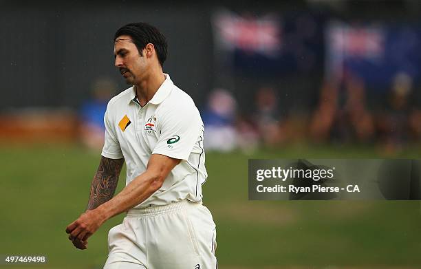 Mitchell Johnson of Australia prepares to bowl during day five of the second Test match between Australia and New Zealand at WACA on November 17,...