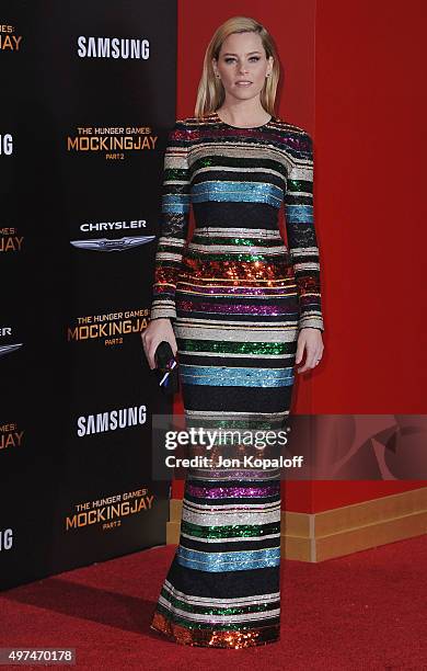 Actress Elizabeth Banks arrives at the Los Angeles Premiere Of Lionsgate's "The Hunger Games: Mockingjay - Part 2" at Microsoft Theater on November...