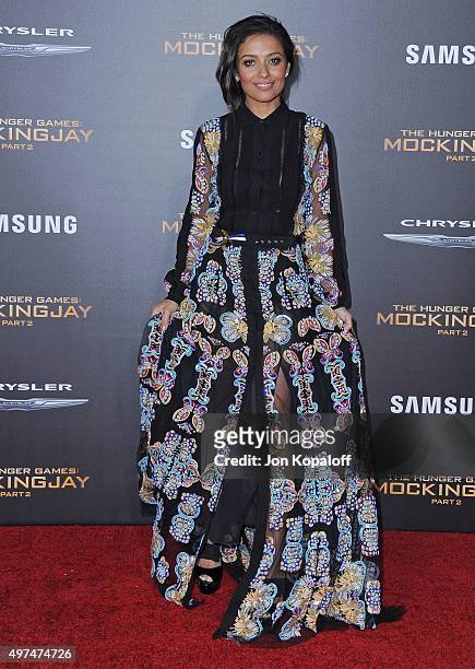 Actress Meta Golding arrives at the Los Angeles Premiere Of Lionsgate's "The Hunger Games: Mockingjay - Part 2" at Microsoft Theater on November 16,...
