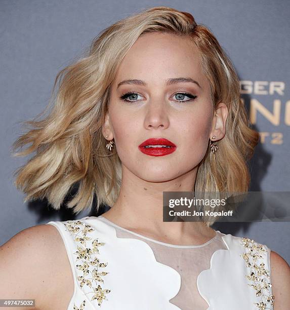 Actress Jennifer Lawrence arrives at the Los Angeles Premiere Of Lionsgate's "The Hunger Games: Mockingjay - Part 2" at Microsoft Theater on November...