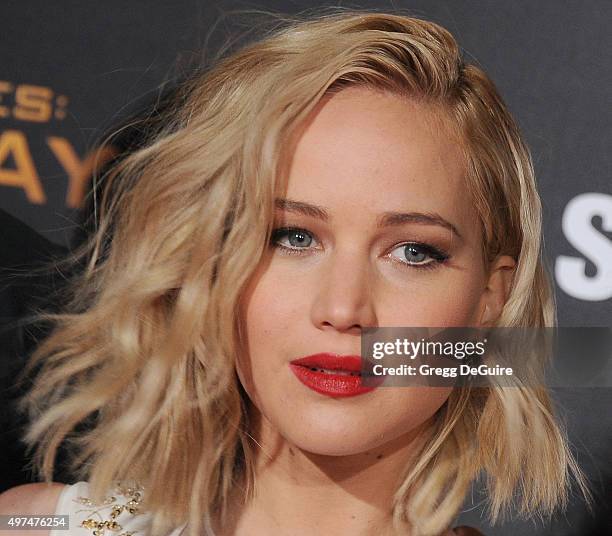 Actress Jennifer Lawrence arrives at the premiere of Lionsgate's "The Hunger Games: Mockingjay - Part 2" at Microsoft Theater on November 16, 2015 in...
