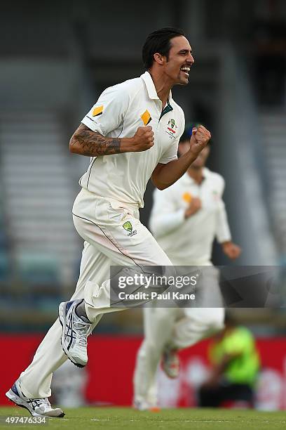 Mitchell Johnson of Australia celebrates the wicket of Tom Latham of New Zealand during day five of the second Test match between Australia and New...
