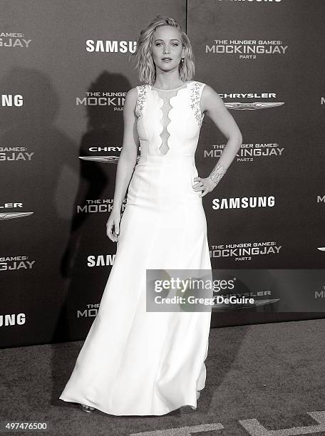 Actress Jennifer Lawrence arrives at the premiere of Lionsgate's "The Hunger Games: Mockingjay - Part 2" at Microsoft Theater on November 16, 2015 in...