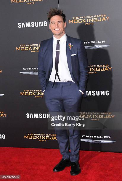 Actor Sam Claflin attends Premiere Of Lionsgate's 'The Hunger Games Mockingjay Part 2' at Microsoft Theater on November 16, 2015 in Los Angeles,...