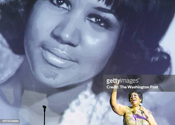 Aretha Franklin sings for the crowd at the National Portrait Gallery gala November 15, 2015 in Washington, DC. The honorees of the first American...