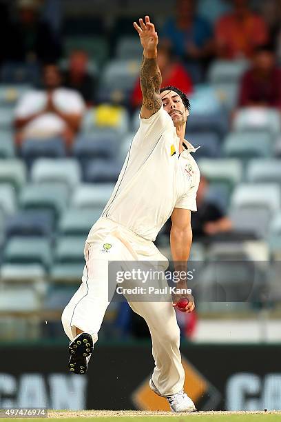 Mitchell Johnson of Australia bowls during day five of the second Test match between Australia and New Zealand at WACA on November 17, 2015 in Perth,...