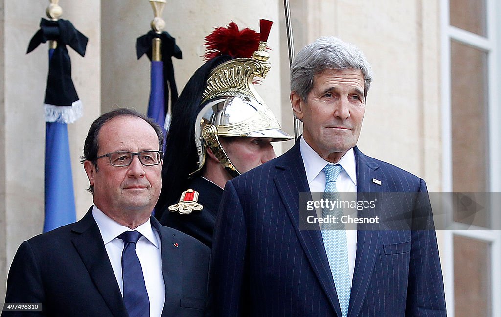 French President Francois Hollande Receives John Kerry, US Secretary Of State At Elysee Palace