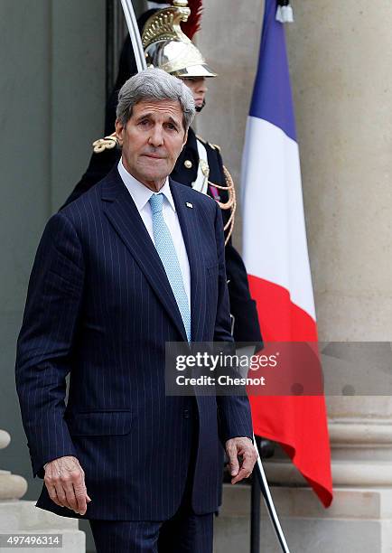 Secretary of State John Kerry leaves after a meeting with French President Francois Hollande at the Elysee Presidential Palace on November 17, 2015...