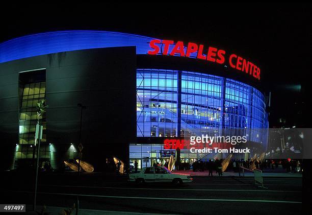 General view of the exterior of the new Staples Center taken before a game between the Utah Jazz and the Los Angeles Lakers in Los Angeles,...